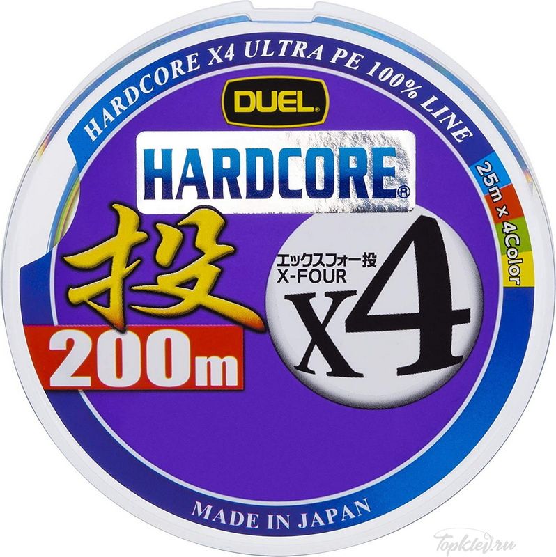 Шнур плетеный Duel PE Hardcore X4 Cast 200m 4Color #2.0 (0.242mm) 13.0kg