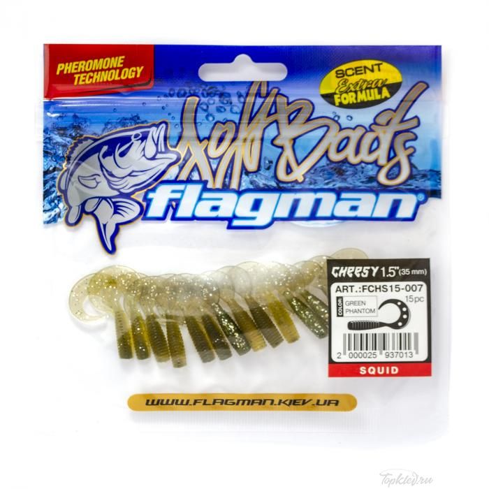 Мягкая приманка Flagman твистер Cheesy 1,5" green phantom 15pc squid