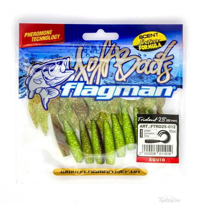Мягкая приманка Flagman твистер Trident 2,5" green pumpkin/lime 10pc squid
