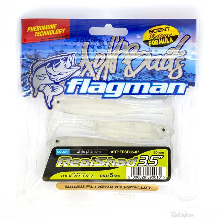 Мягкая приманка Flagman виброхвост Realshad 3,5" white phantom 5pc macrell