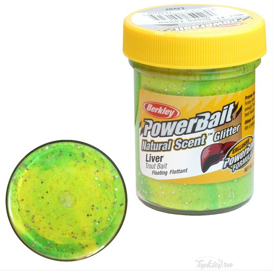 Паста форелевая Berkley PowerBait NATURAL SCENT Glitter TROUT BAIT 50gr LIVER - FLUO GREEN YELLOW