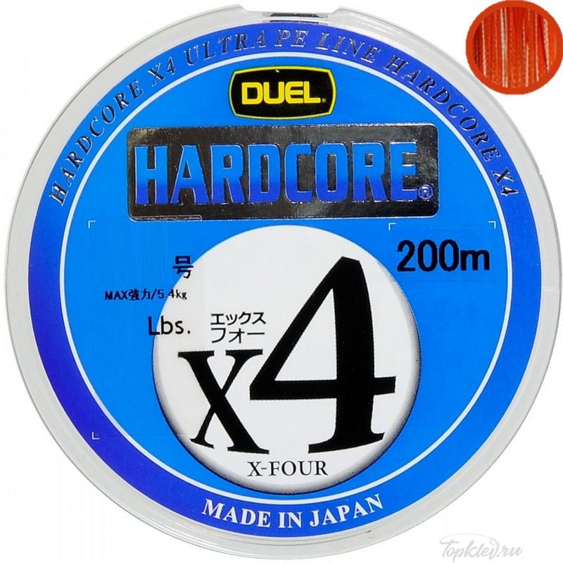 Шнур плетеный Duel PE Hardcore X4 200m Orange #0.8 (0.153mm) 6.4kg