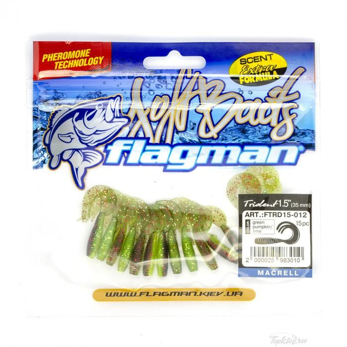 Мягкая приманка Flagman твистер Trident 1,5" green pumpkin/lime 15pc macrell