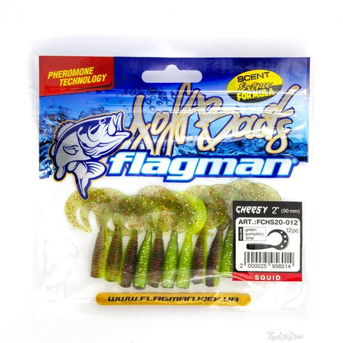 Мягкая приманка Flagman твистер Cheesy 2" green pumpkin/lime 12pc squid