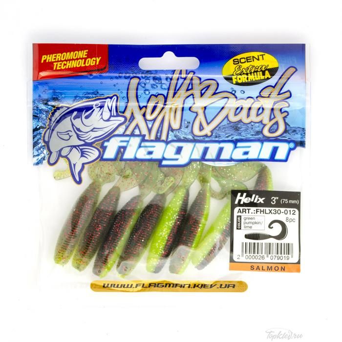 Мягкая приманка Flagman твистер Helix 3" green pumpkin/lime 8pc salmon