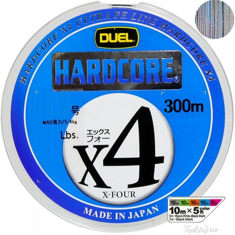 Шнур плетеный Duel PE Hardcore X4 300m 5Color #2.0 (0.242mm) 13.0kg