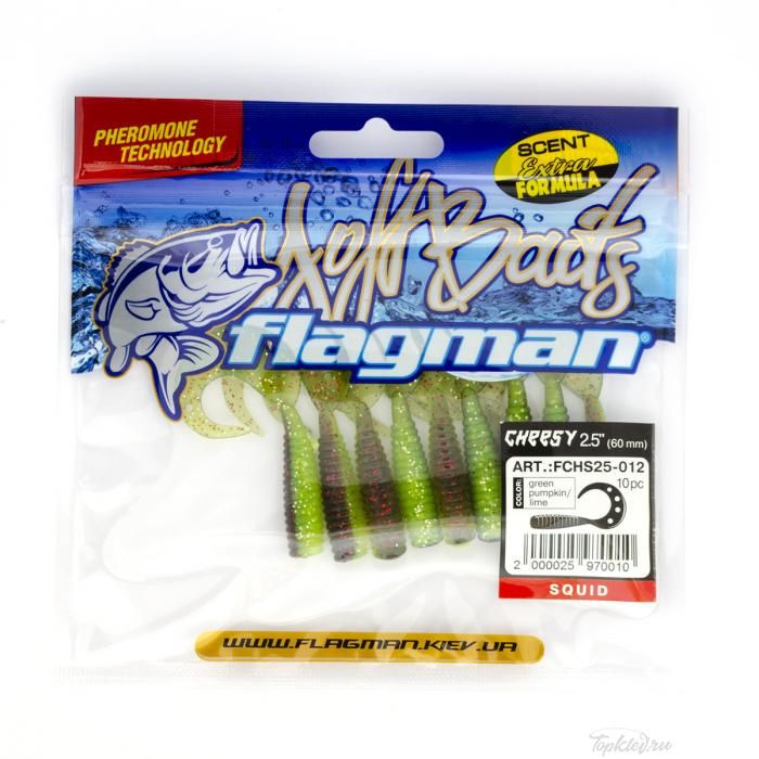 Мягкая приманка Flagman твистер Cheesy 2,5" green pumpkin/lime 10pc squid
