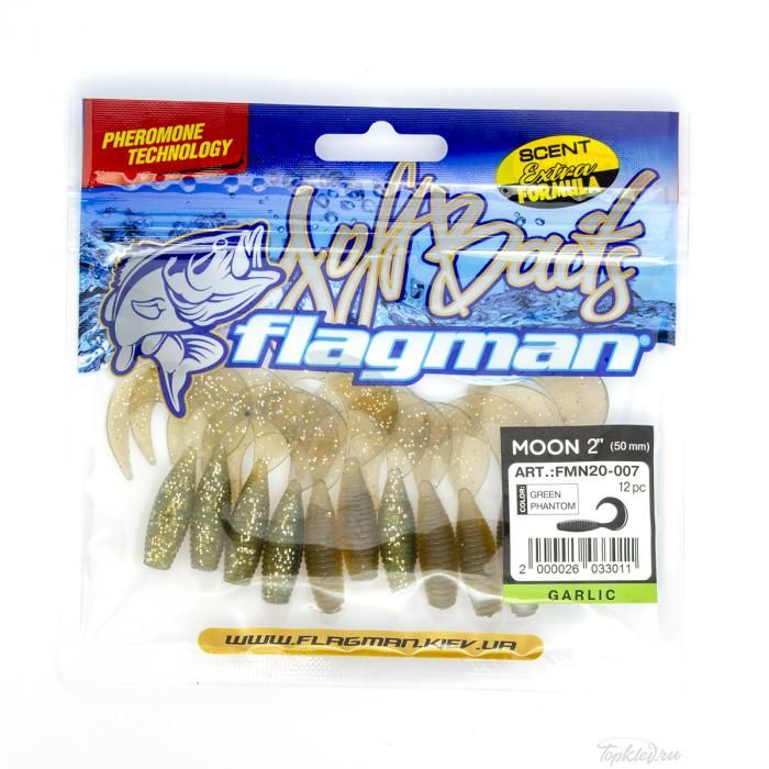Мягкая приманка Flagman твистер Moon 2" green phantom 12pc garlic