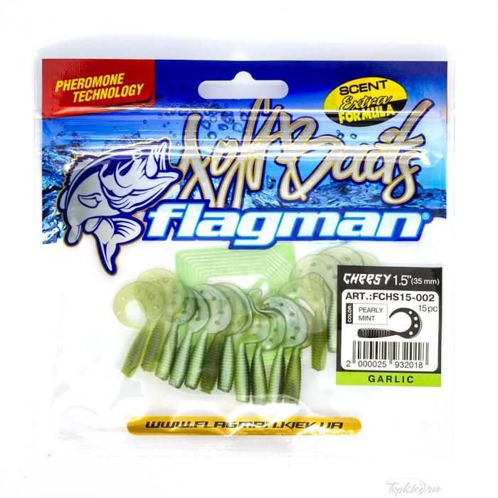 Мягкая приманка Flagman твистер Cheesy 1,5" pearly mint 15pc garlic