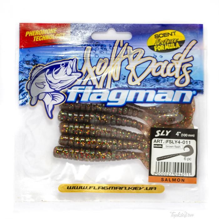 Мягкая приманка Flagman виброхвост Sly 4" brown flash 6pc salmon