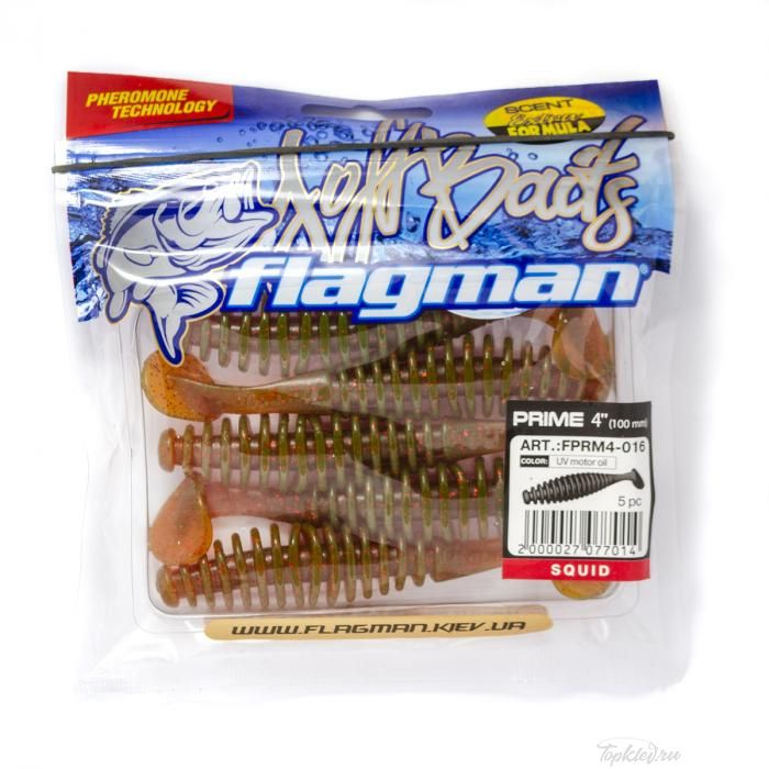 Мягкая приманка Flagman виброхвост Prime 4" UV motor oil 5pc squid