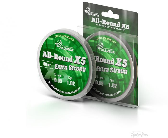 Леска Allvega ALL-ROUND X5 0.09мм (50м) (1,02кг) (прозрачная)