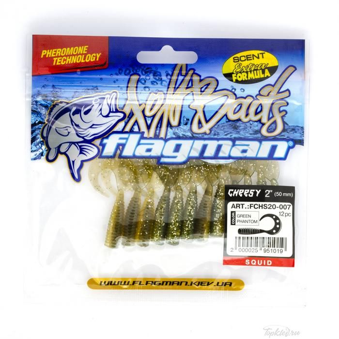 Мягкая приманка Flagman твистер Cheesy 2" green phantom 12pc squid