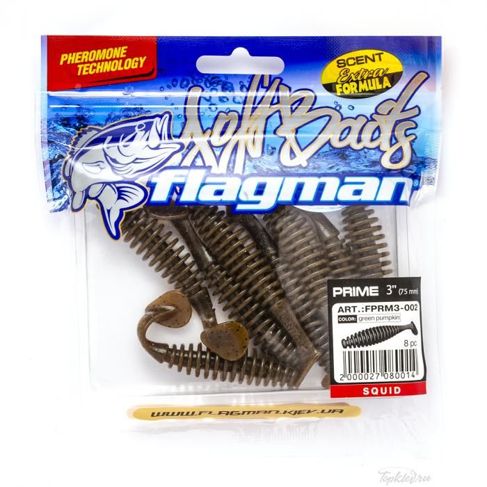 Мягкая приманка Flagman виброхвост Prime 3" green pumpkin 8pc squid
