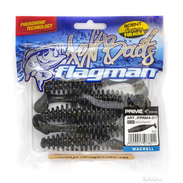 Мягкая приманка Flagman виброхвост Prime 4" black phantom 5pc macrell