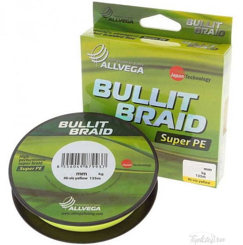 Шнур плетеный Allvega BULLIT BRAID 135M Hi-Vis Yellow 0,18mm (12,2кг)
