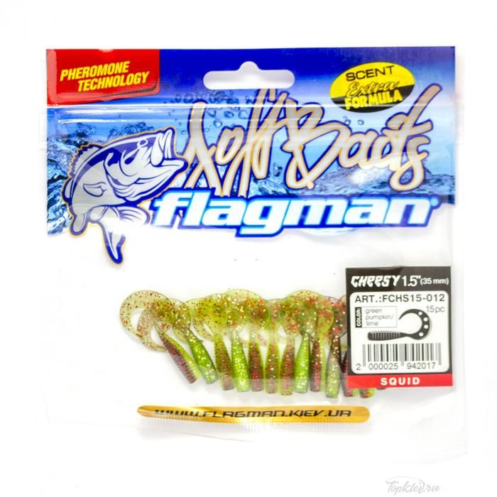 Мягкая приманка Flagman твистер Cheesy 1,5" green pumpkin/lime 15pc squid