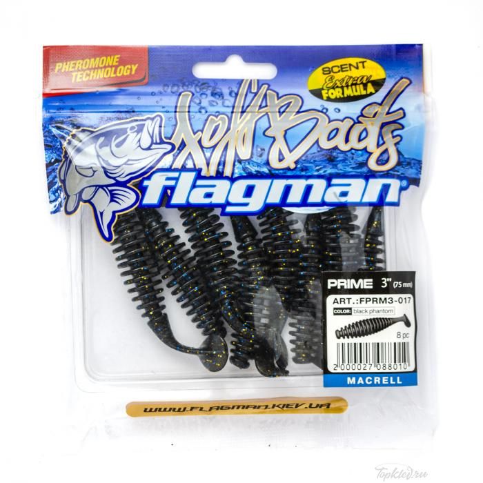 Мягкая приманка Flagman виброхвост Prime 3" black phantom 8pc macrell